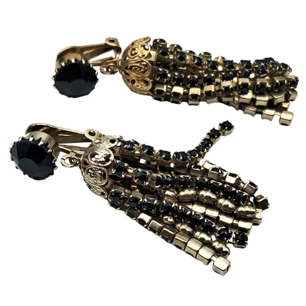 Vintage Weiss Necklace Earrings Set Black Rhinestones Tassel Long Dangling Chain - Picture 5 of 9